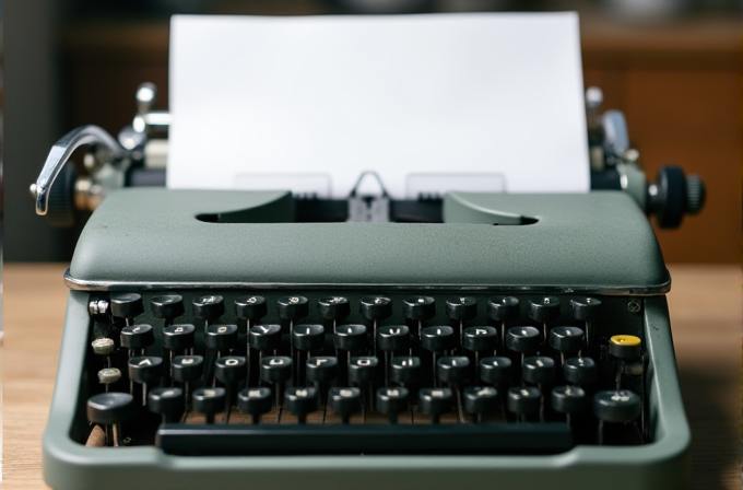 A close-up of a vintage manual typewriter with a sheet of white paper inserted, featuring a green metallic body and classic round black keys.