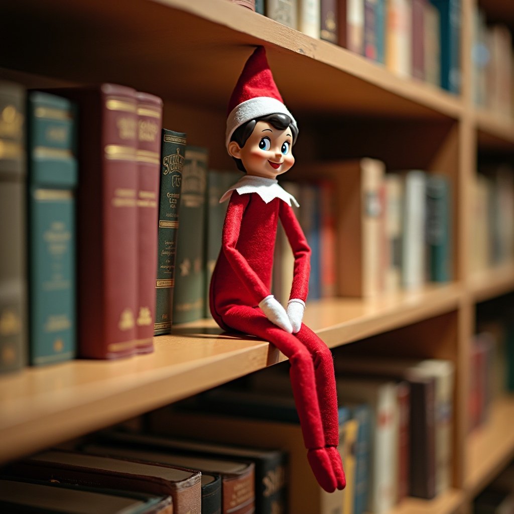 The image features a playful elf doll, part of the popular Elf on the Shelf tradition, sitting on a wooden shelf in a library. Dressed in bright red with a white collar, the elf has a cheerful expression. Behind the elf are neatly organized books with colorful spines. The setting is warmly lit, creating a nostalgic holiday atmosphere. This image captures the essence of Christmas cheer and childhood excitement around the holidays. It can be used to illustrate discussions about Christmas traditions or festive decorations.