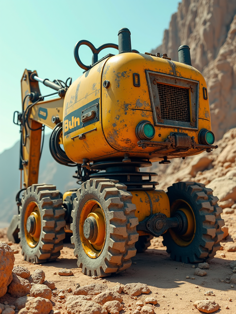 A small yellow construction vehicle with large wheels on rocky terrain.