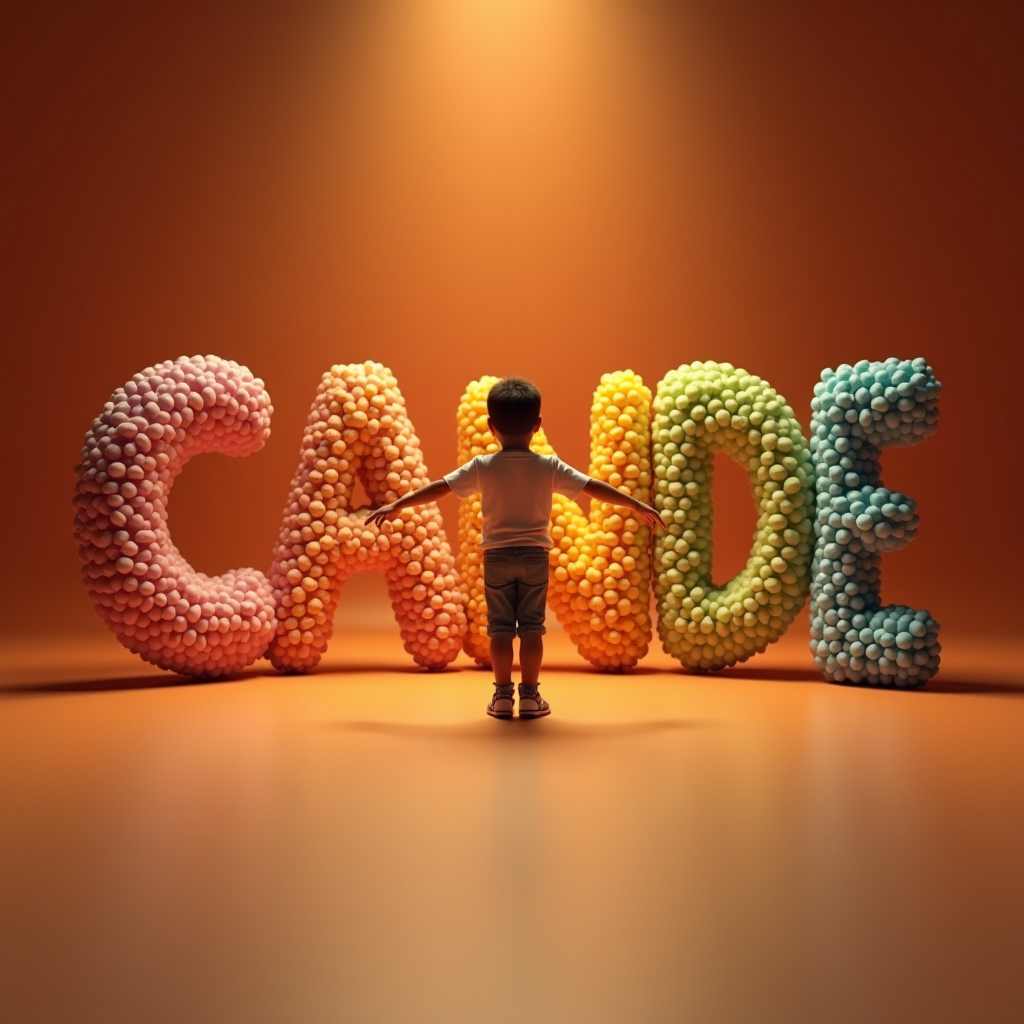 A child reaches out to touch large, colorful letters made of candy.