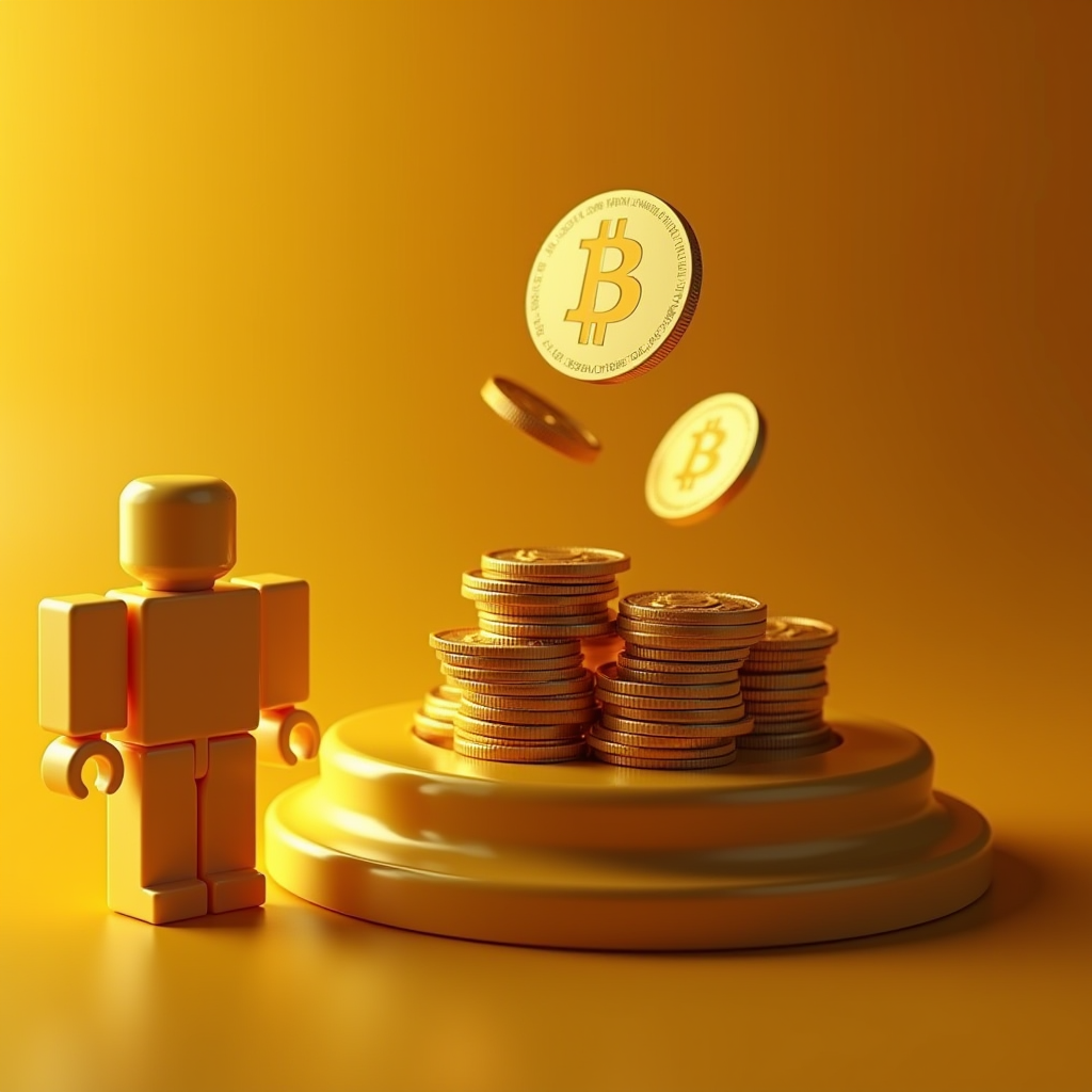 A blocky figure stands beside a stack of bitcoin coins, set against a golden background.