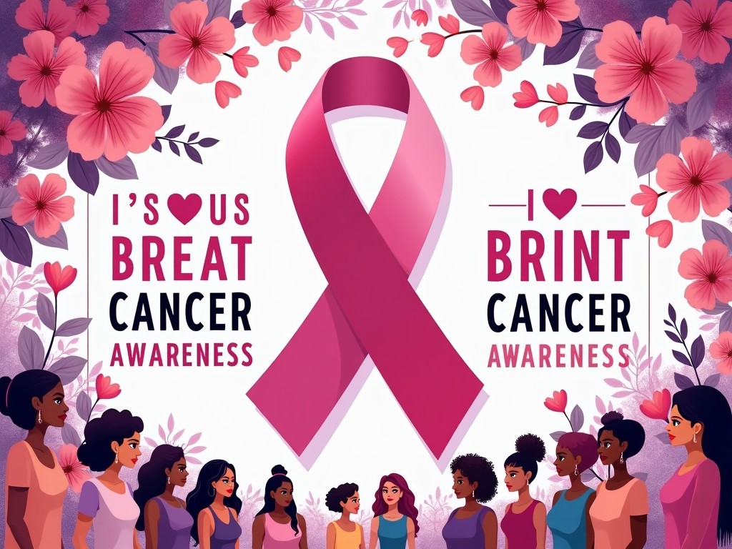 This image features a prominent pink ribbon symbolizing breast cancer awareness, surrounded by diverse women. Their expressions reflect empowerment and solidarity. The background is filled with floral decorations in shades of pink and purple, enhancing the theme of awareness. The text on both sides emphasizes the importance of breast cancer awareness. The overall composition is vibrant, urging viewers to engage in this crucial cause. It serves as a visual representation of community support against breast cancer.