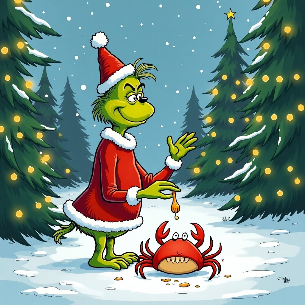 The Grinch stands in a snowy outdoor setting. Surrounding Christmas trees have twinkly lights. The Grinch wears a red Santa outfit. He holds a crab while surrounded by snow. The atmosphere is festive and playful.