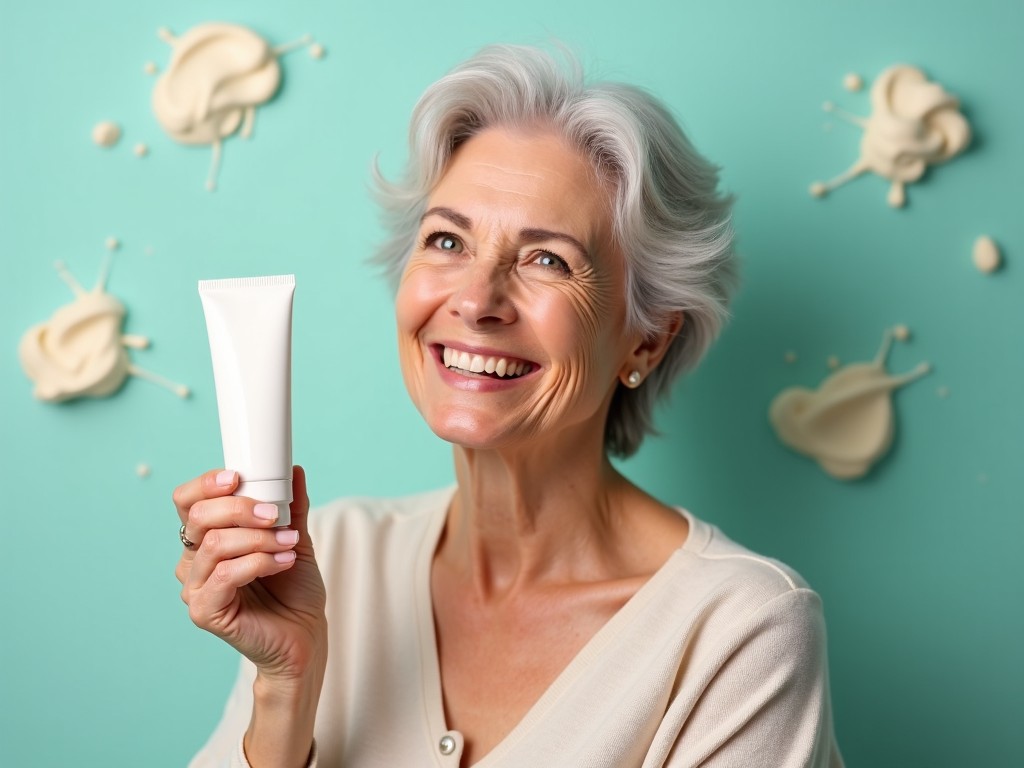 A senior woman happily holding a skincare product tube against a pastel background, promoting beauty in aging.