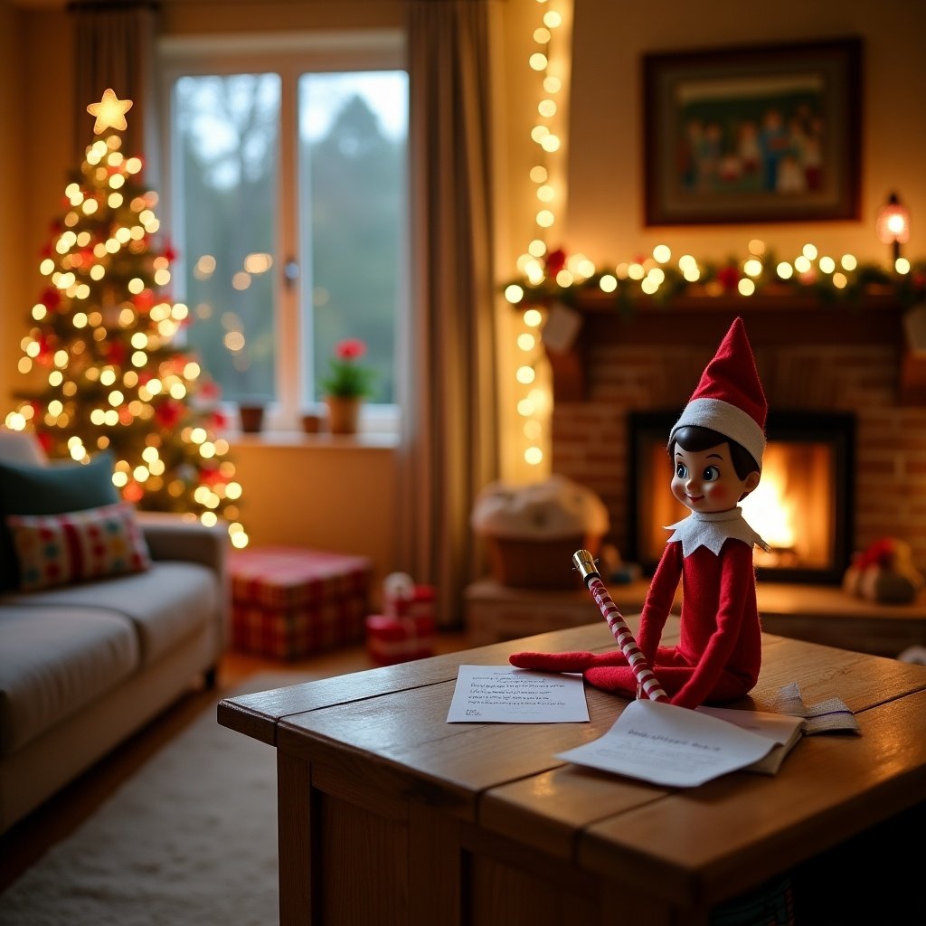 Magical Christmas scene featuring an elf sitting at a table, writing notes. Cozy room with a Christmas tree and a fireplace, warm lights illuminating the space. Cheerful and festive atmosphere suitable for the holidays.