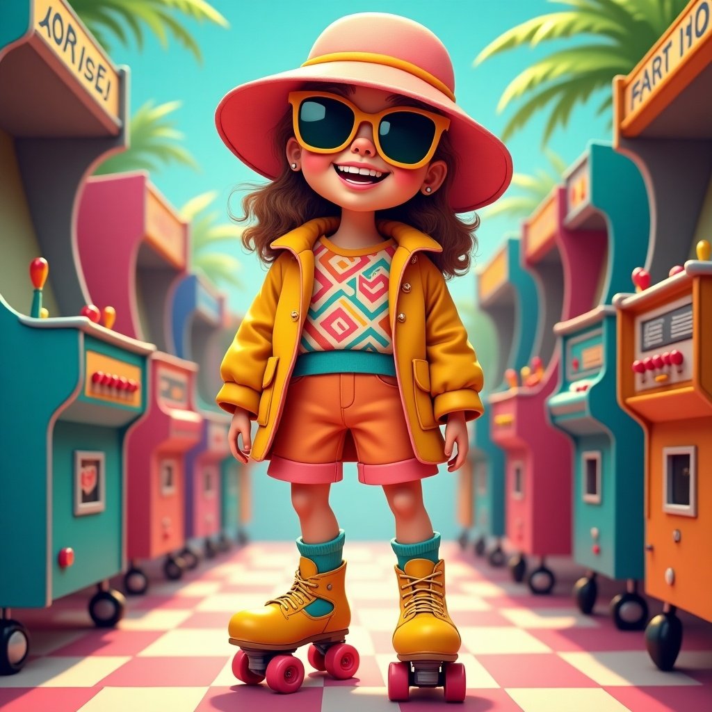 playful character wearing bright retro clothing and roller skates stands in a vibrant arcade setting filled with pastel colors and palm trees