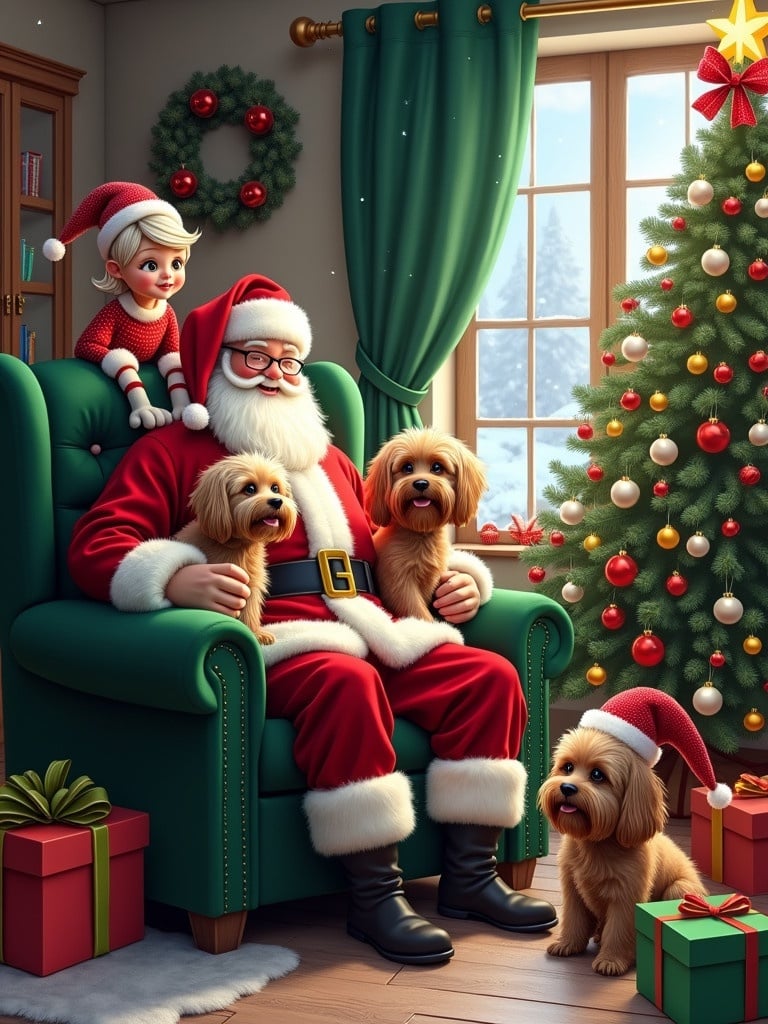 Christmas scene with Santa in a green chair. Cheerful elves work with gifts. Decorated Christmas tree in the room. Snow falls outside the window. Many Havanese dogs present with Santa.