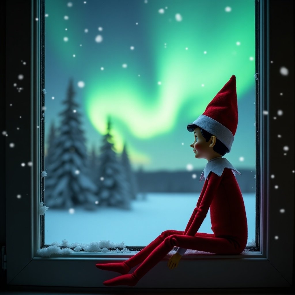 This image features an Elf on the Shelf sitting on a window ledge. The elf gazes out at the magnificent northern lights. Dressed in a classic red outfit and a pointed hat, it creates a festive atmosphere. Outside the window, a snowy landscape is illuminated by vibrant greens and blues of the aurora borealis. Soft snowflakes are falling, enhancing the magical winter scene.