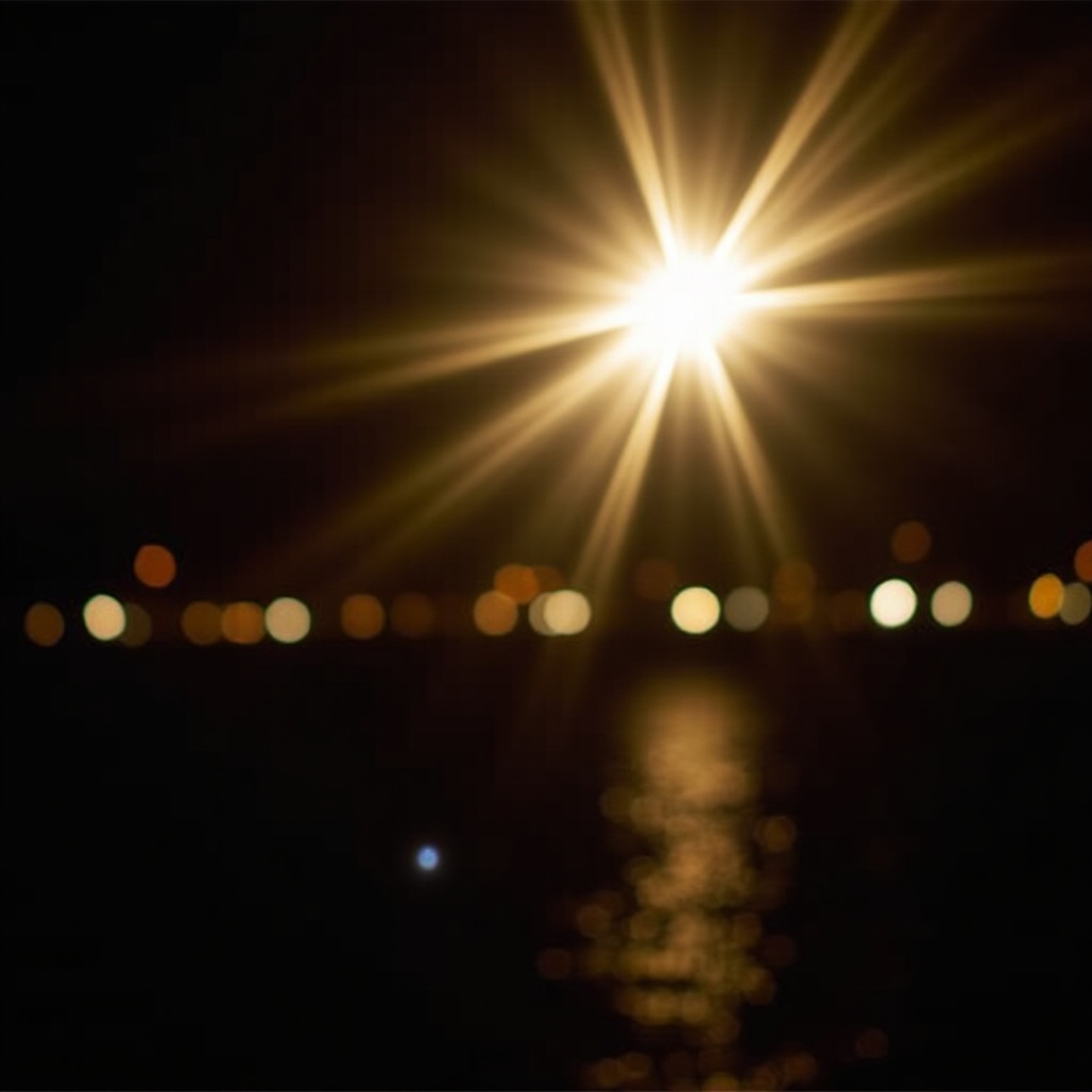 The image captures a bright and radiant light source positioned near the top right corner. This light creates a vivid lens flare effect with streaks that highlight the dark background. Below the light, there are soft, circular bokeh lights that appear blurred, resembling distant city lights reflecting on the water. The overall composition gives the image an abstract and ethereal quality. This artistic approach enhances its visual appeal and depth.