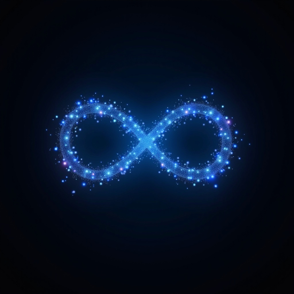 The image features a glowing infinity symbol composed of sparkling particles. The symbol is rendered in a vibrant blue with hints of purple, creating a mystical effect against a black background. This design is abstract and modern, ideal for digital use. The glowing lights appear to twinkle, adding depth and interest to the symbol. This artwork represents concepts of eternity and limitless possibilities, making it suitable for various themes and industries.