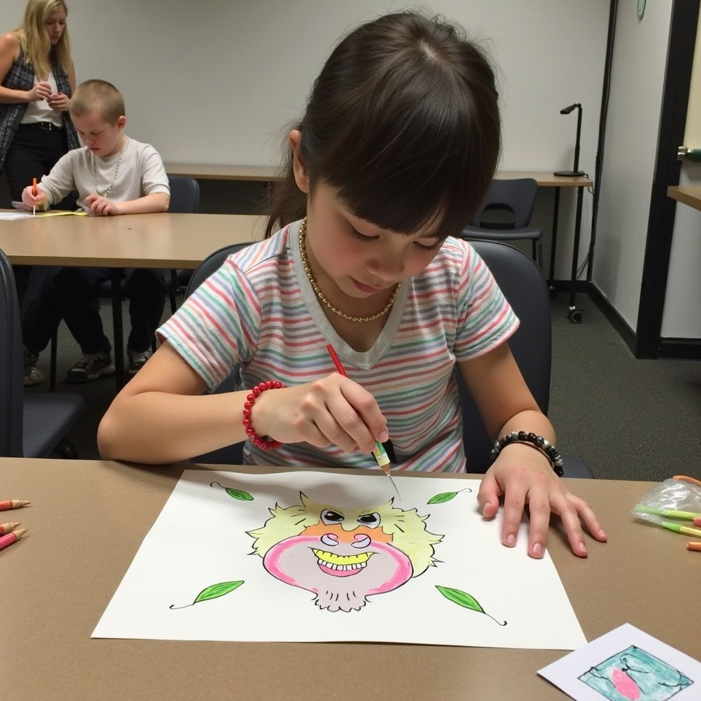 Child engages in an art activity. Girl colors a cheerful drawing of a lion. Classroom setting with other children creating art. Bright colors and focused expressions.