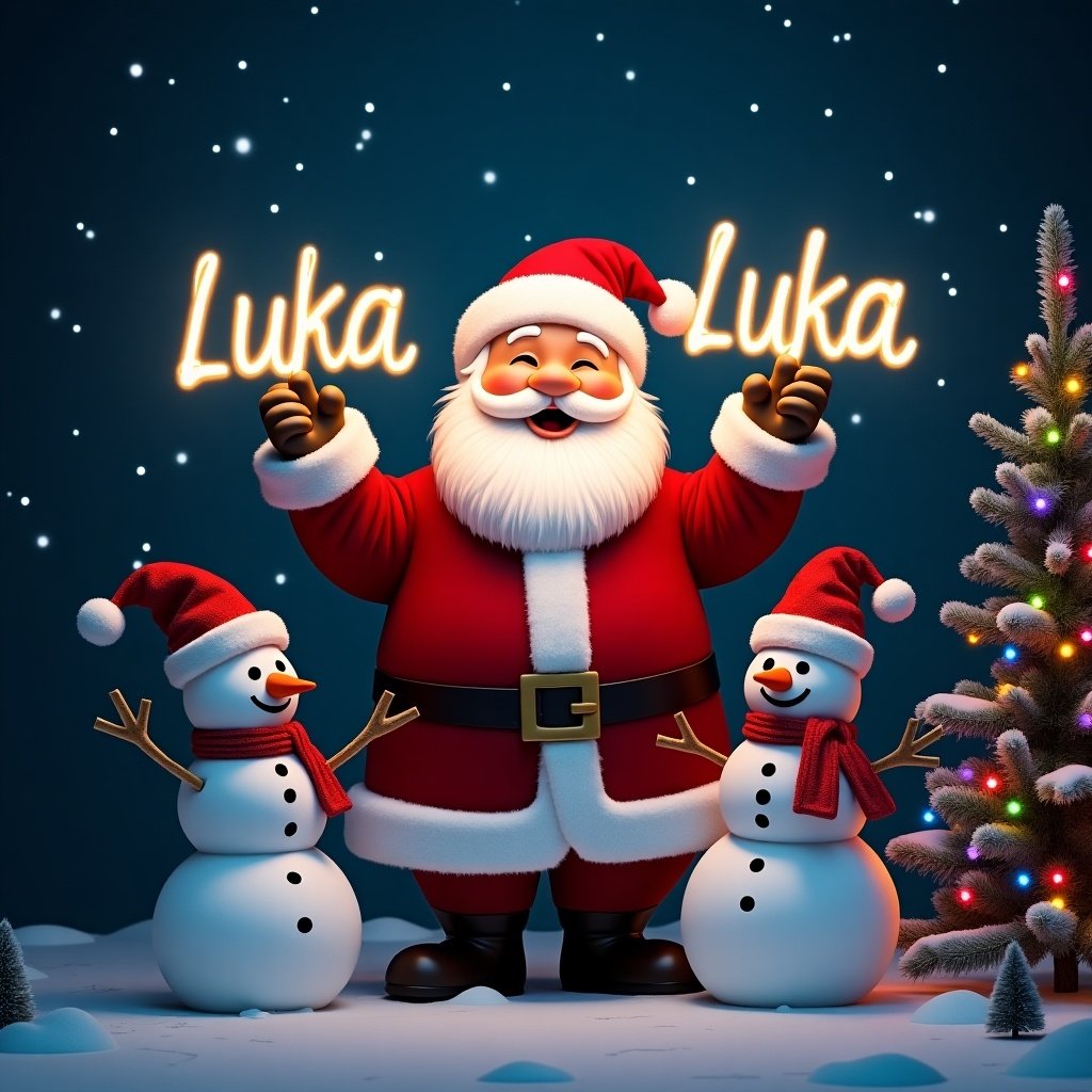 This image features a cheerful Santa Claus, dressed in his iconic red and white suit. He joyfully holds a glow stick that creates the name 'Luka' in bright light. Santa's warm expression radiates holiday cheer, bringing a sense of joy to viewers. Two jolly snowmen stand beside him, complementing the festive scene. The backdrop is a dark winter night sprinkled with twinkling stars, enhancing the glow of the text.