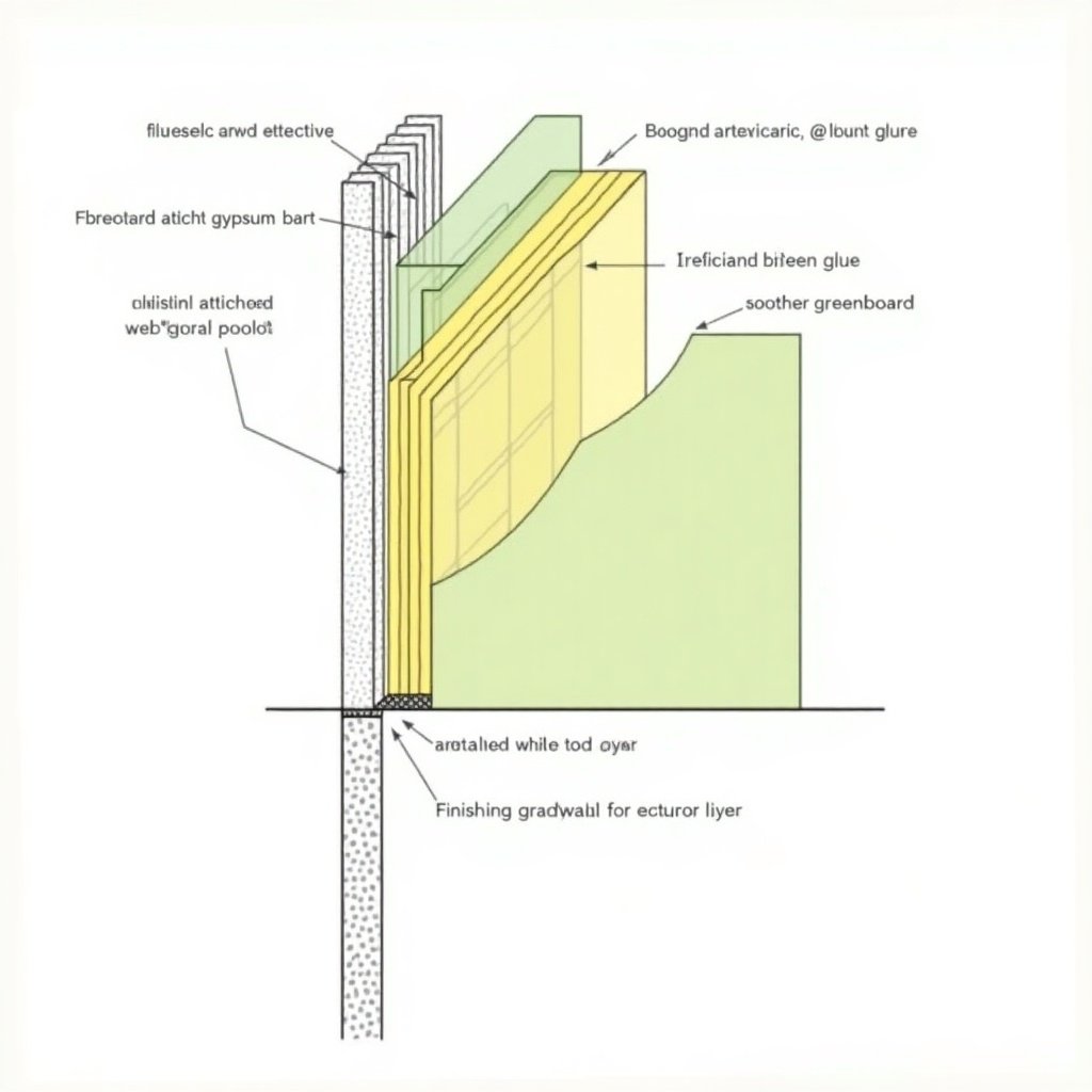 2D cross-section of a decoupled wall shown in pencil drawing style. Foundational wall at base with staggered studs. Air gap filled with rockwool insulation for soundproofing. Two colored layers: vibrant yellow and mild green. Layers include fibreboard attached to gypsum board with green glue, resilient channels on staggered stud frame, another fibreboard with green glue to gypsum board, and finishing drywall. Clear labels for materials