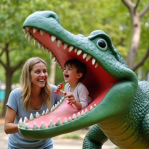 Playful interaction between mother and 10 year old child. Child is positioned in the mouth of a lifelike alligator. Child holds an oversized pacifier. Scene set in a vibrant outdoor park.