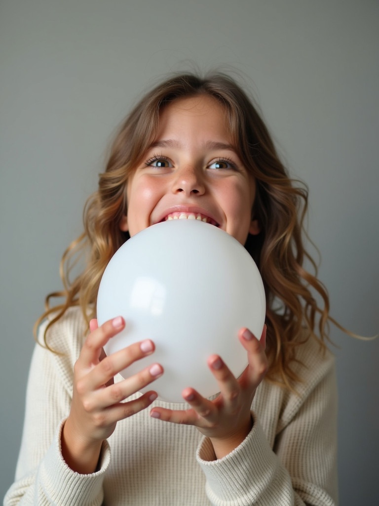 A person holds a white balloon with a playful expression. The focus is on the balloon and hands. Soft colors create a cheerful atmosphere.