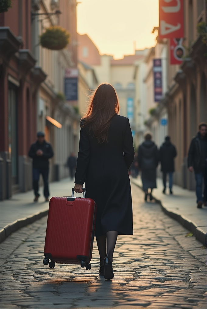 A woman in a long coat walks down a cobblestone street at sunset, pulling a red suitcase.