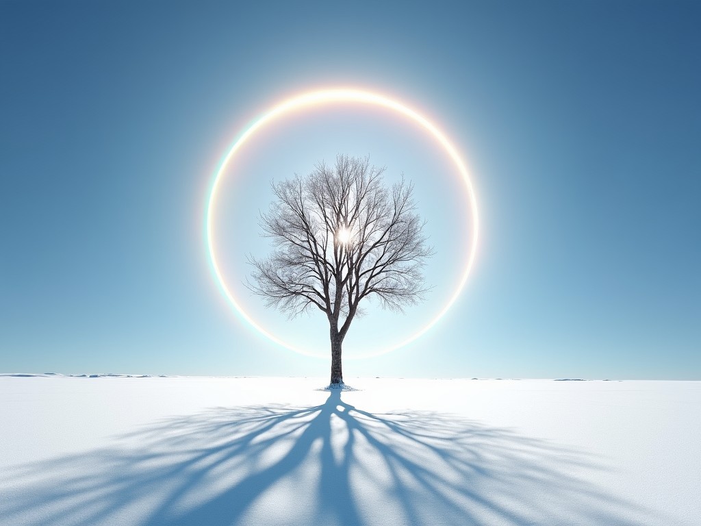 A lone tree stands stark against a vast, snowy landscape. The sun illuminates from behind, creating a perfect halo in the clear blue sky. The tree's branches cast intricate shadows on the pristine white snow, emphasizing its solitary presence and creating a serene, mystical atmosphere.