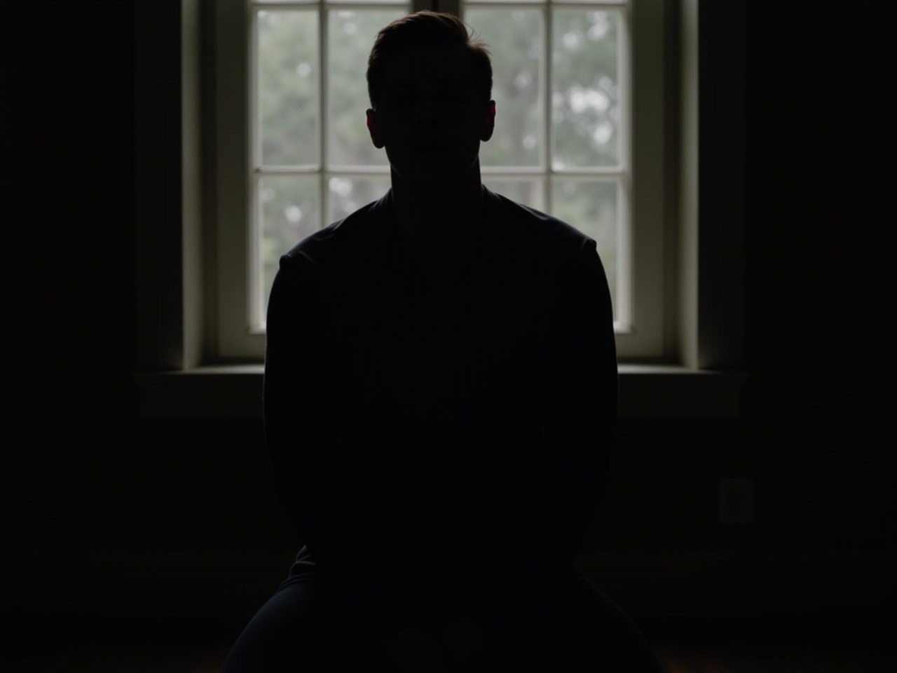 A man sits in a dimly lit room, silhouetted in front of a window. The light coming from the window creates a dramatic effect, highlighting his outline. The environment is serene yet holds a sense of mystery. The dark color scheme evokes feelings of contemplation or introspection. This image captures a moment of reflection, inviting viewers to consider the man's thoughts and feelings in that space.