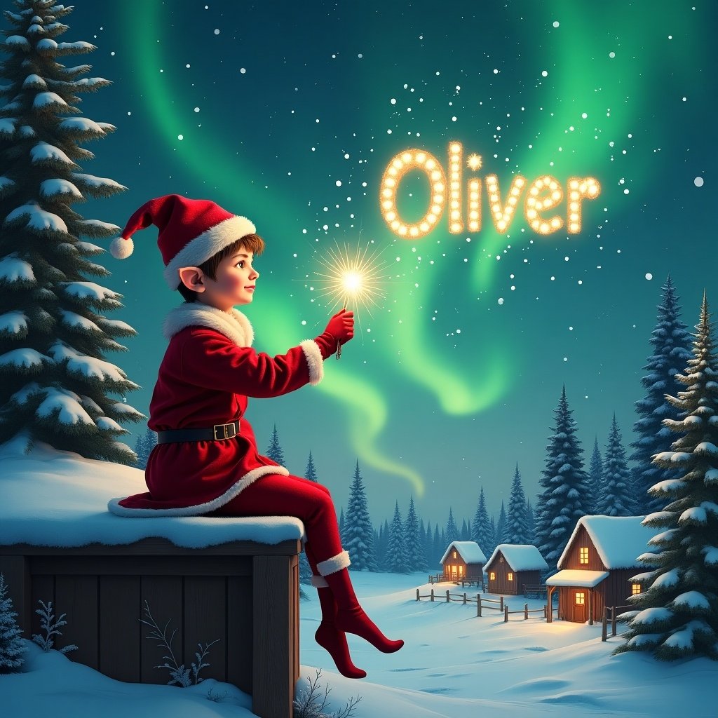 An elf in a red outfit with a pointed hat sits on a wooden ledge. The elf holds a sparkling wand. The elf creates the name 'Oliver' in the sky. Background shows a snowy landscape with houses and trees under Northern Lights. The scene captures childhood magic and Christmas cheer.