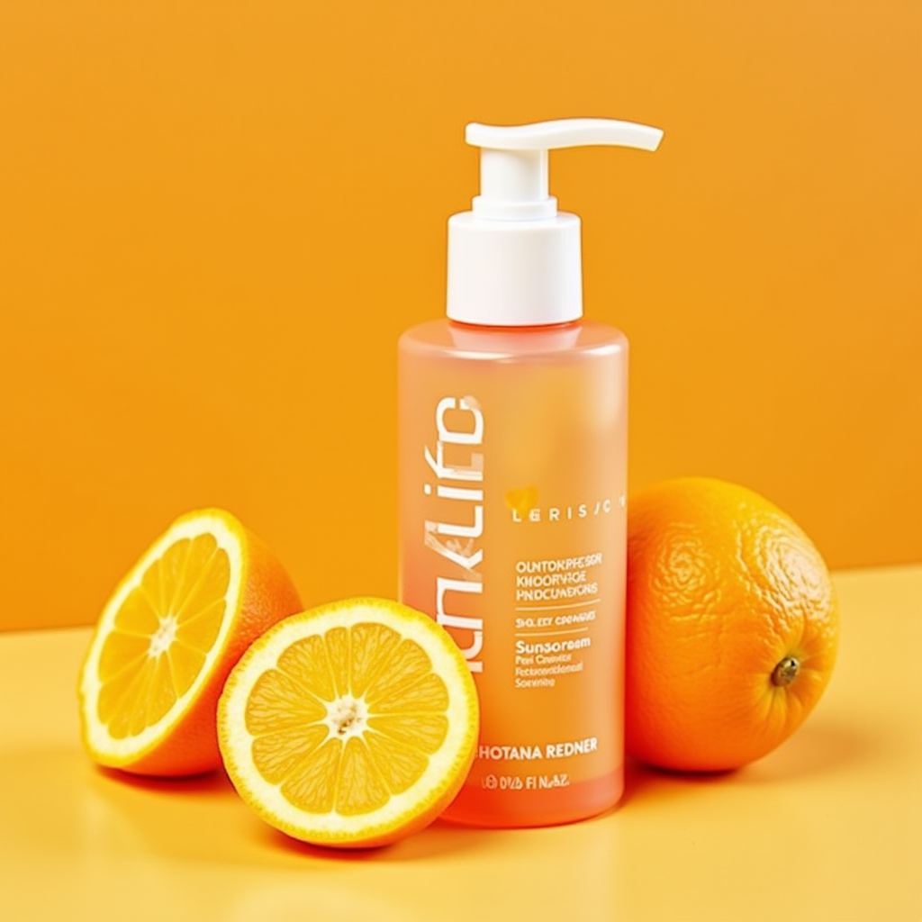 The image showcases a skincare bottle labeled 'Skinlife' with a pump dispenser, set against a vibrant orange background. The bottle is a translucent orange, allowing the contents to show through slightly. Next to the bottle are two oranges – one whole and one cut in half – which emphasize a citrus theme. The overall composition is bright and fresh, suggesting a product with vitamin C or citrus ingredients. The bold orange color scheme contributes to a sense of energy and vitality.