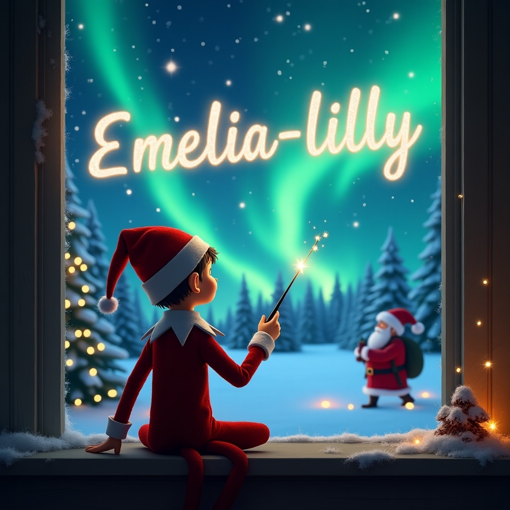 The image features an elf on the shelf seated with his back towards the viewer. He is looking out a window at a magical Christmas scene. The elf is using a wand to write the name 'Emelia-lilly' in the starry night sky. In the background, the colorful northern lights illuminate the snowy landscape. Santa Claus can be seen in the distance, enhancing the festive atmosphere.