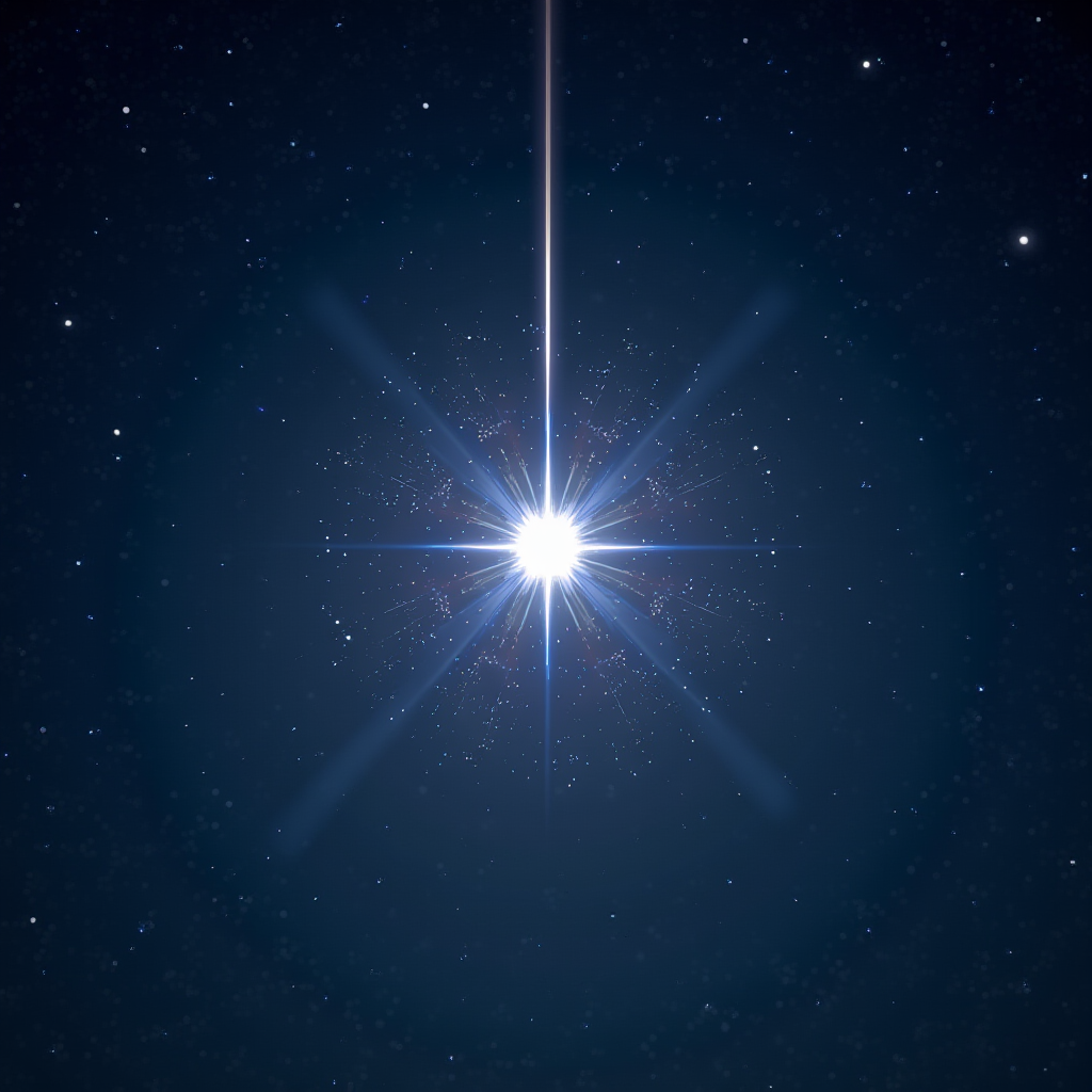 A bright star illuminates a night sky filled with twinkling stars.