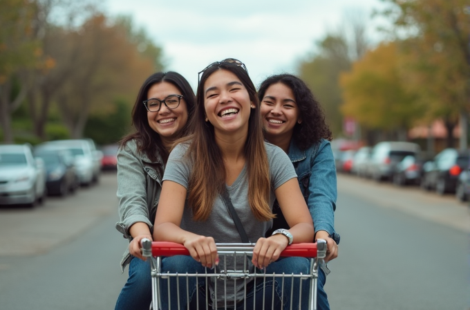 Three smiling women are riding together in a shopping cart on a tree-lined street.