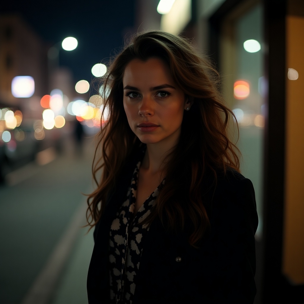 Real-life photography at night on city streets featuring a powerful young woman.