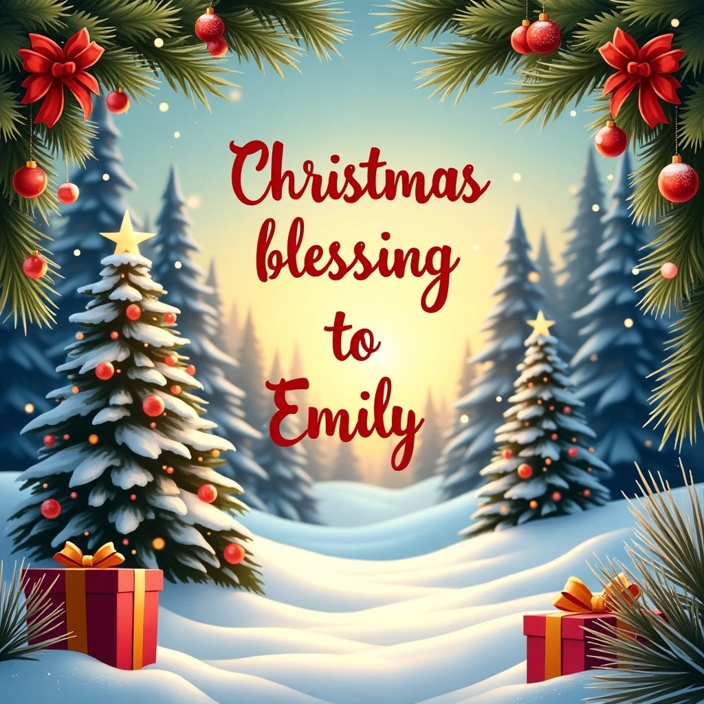 The image is a festive holiday scene designed for a Christmas blessing. It features snowy landscapes adorned with Christmas trees decorated with ornaments. Presents are placed in the foreground, adding a cheerful touch. The text reads 'Christmas blessing to Emily' in an elegant font. Soft sunlight filters through the trees, creating a warm and inviting atmosphere. This artwork captures the essence of holiday cheer and celebration.