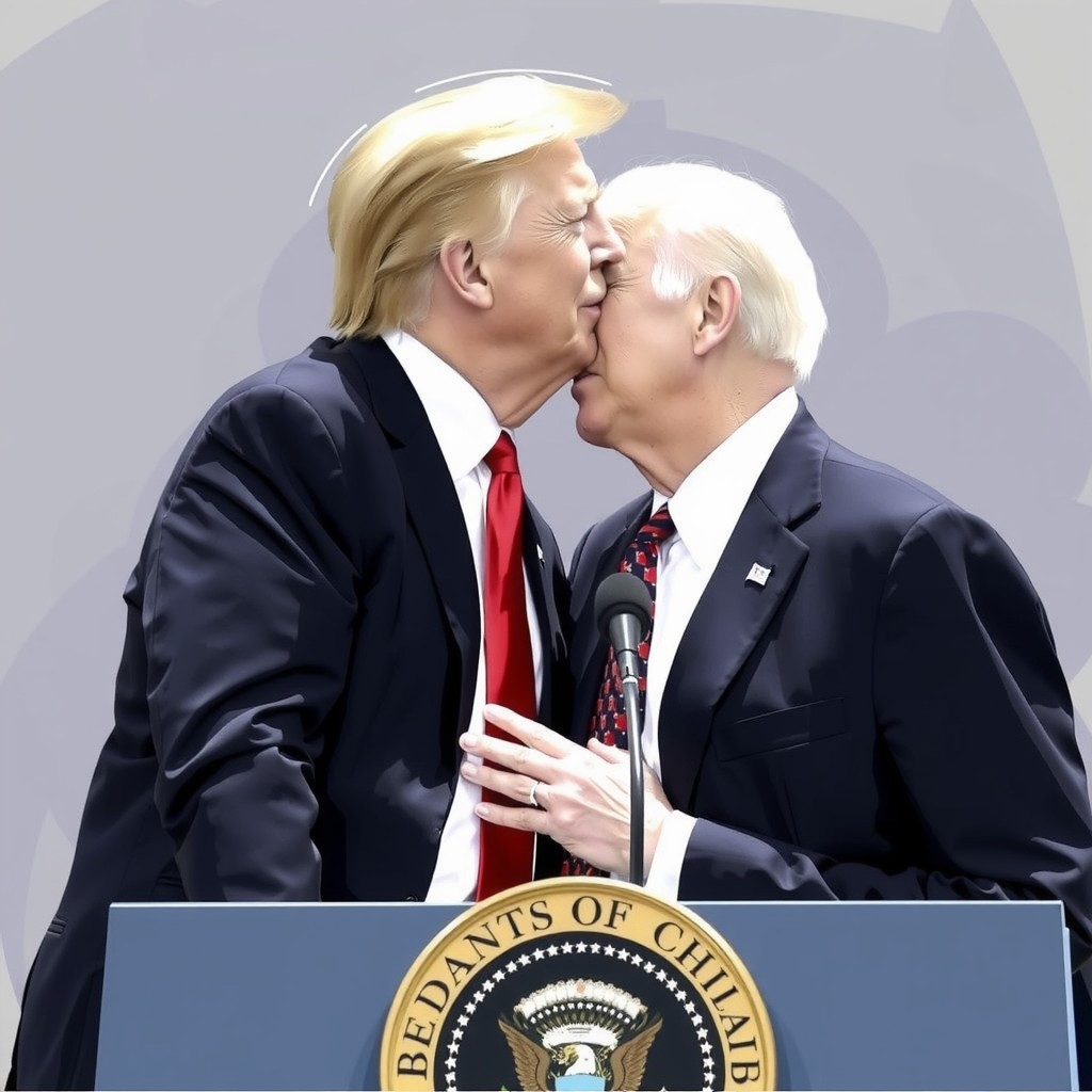 Two men in suits share an exaggerated kiss at a podium with official insignia.