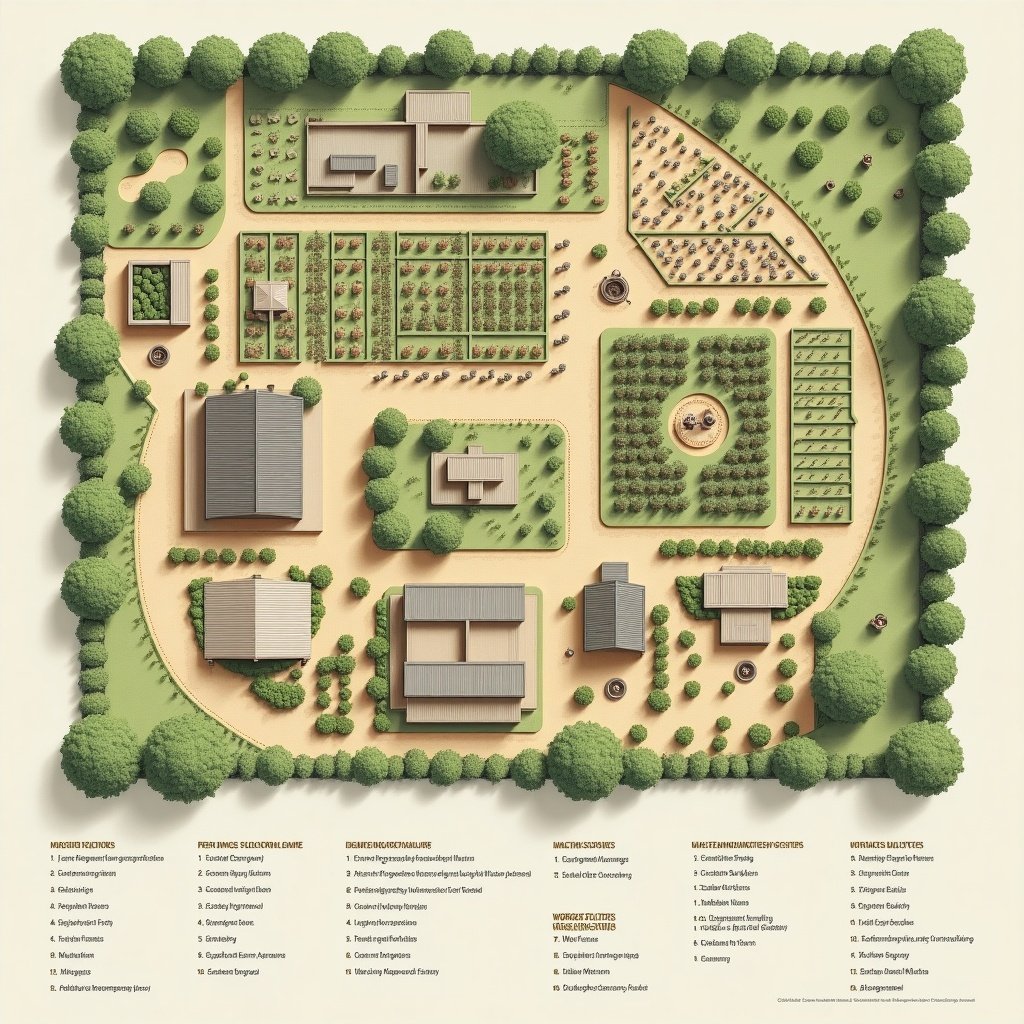 Farm layout for free-range native chicken on 3000sqm. Features include large free-range pasture, shelter housing, nesting area, feed storage, water source, secure fencing, waste management system, office workspace, and worker facilities.