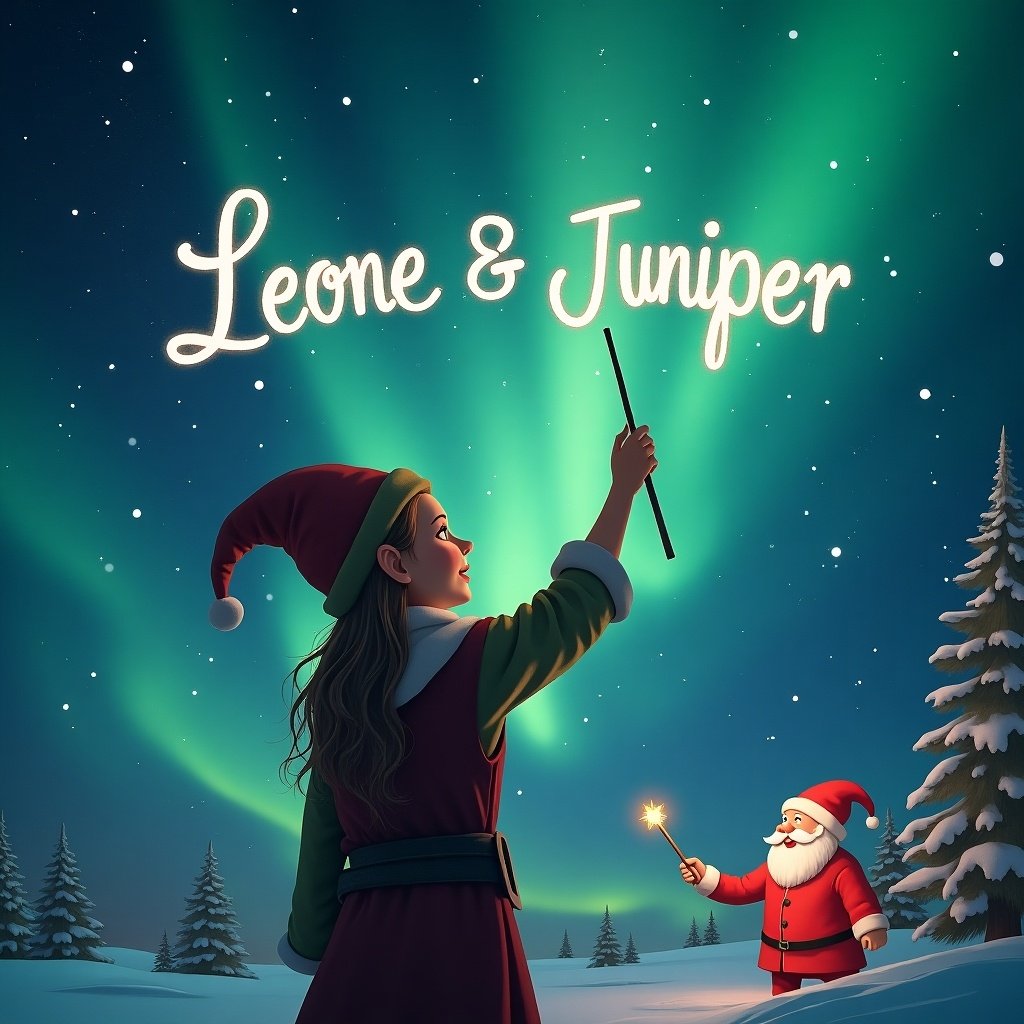 Elf facing magical sky. Using wand to write names in the air. Background has northern lights and Santa. Names are 'Leone & Juniper'.