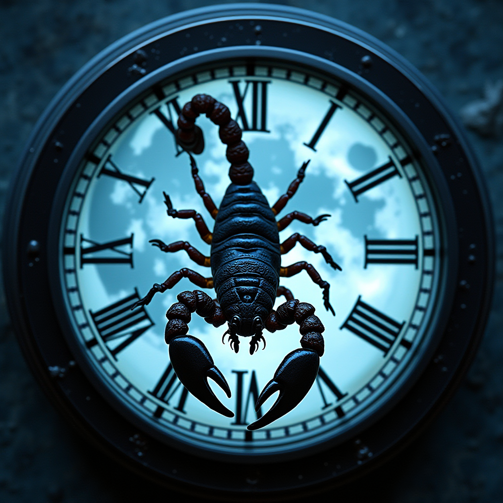 A large scorpion is positioned on the face of a clock displaying Roman numerals.