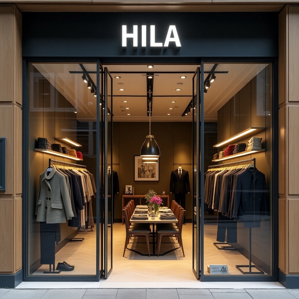 Generate a front store featuring the name 'HILA'. Focus on men fashion. Display clothing items elegantly. Show a welcoming entrance.