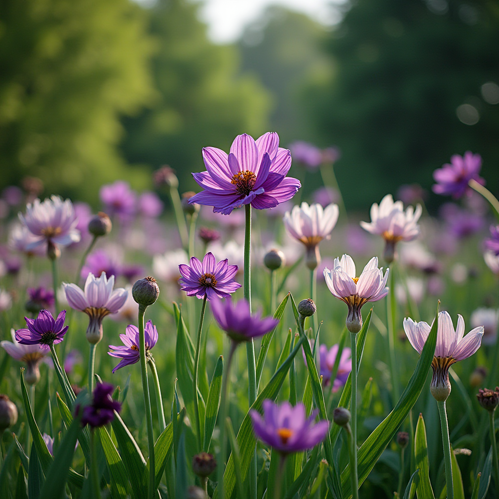 A vibrant field of purple and light pink flowers basking in warm sunlight against a lush, green blurred background.