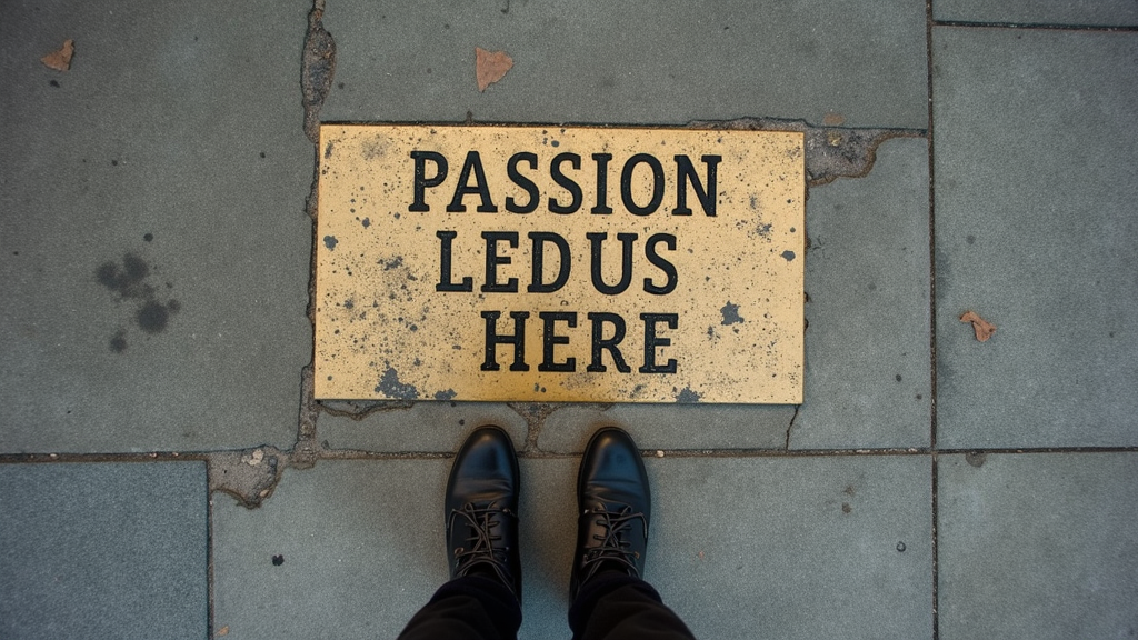 A pair of black boots stands near a sign on the ground that reads 'PASSION LED US HERE'.