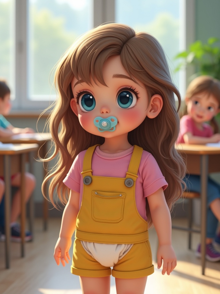 A 7 years old girl with long light brown hair and blue eyes wears a pink t-shirt and yellow dungarees. She is in a classroom setting and wears a diaper. A pacifier is visible. The environment shows a bright classroom with other children in the background.