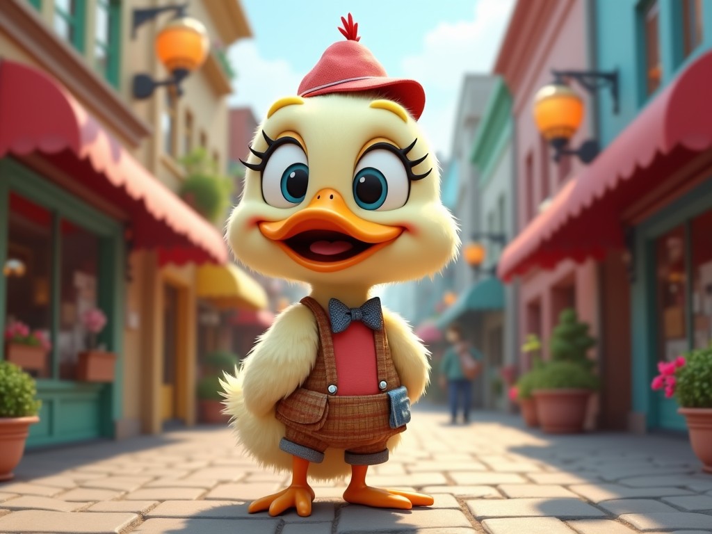 The image depicts a cheerful cartoon duck character named Duckman. This duck has a bright yellow plumage and is wearing a stylish red hat. It is adorned with a stylish outfit, complete with a bow tie and suspenders. The background showcases a lively street filled with colorful boutiques and shops. The lighting is joyful, evoking a sense of fun and happiness.