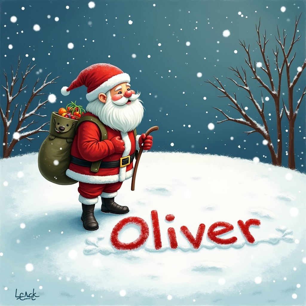 The image depicts Santa Claus standing in a snowy landscape. He is smiling warmly and has a sack of presents on his back. With a stick in hand, Santa is writing the name 'Oliver' in the snow. Snowflakes are gently falling around him, creating a magical holiday atmosphere. The scene is colorful and festive, capturing the joy of Christmas and the spirit of giving.