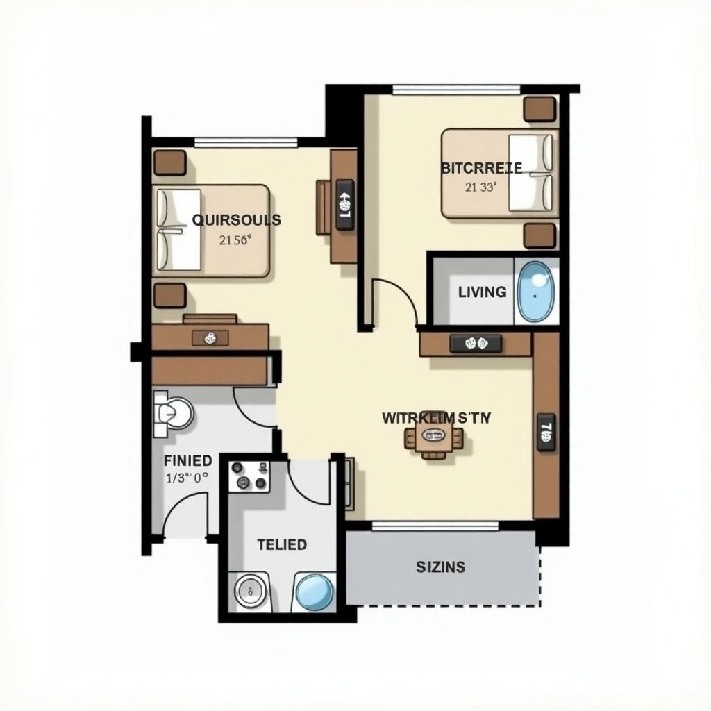 2BHK apartment layout with bedrooms, kitchen, bathroom, living area in a 75 square meter design.