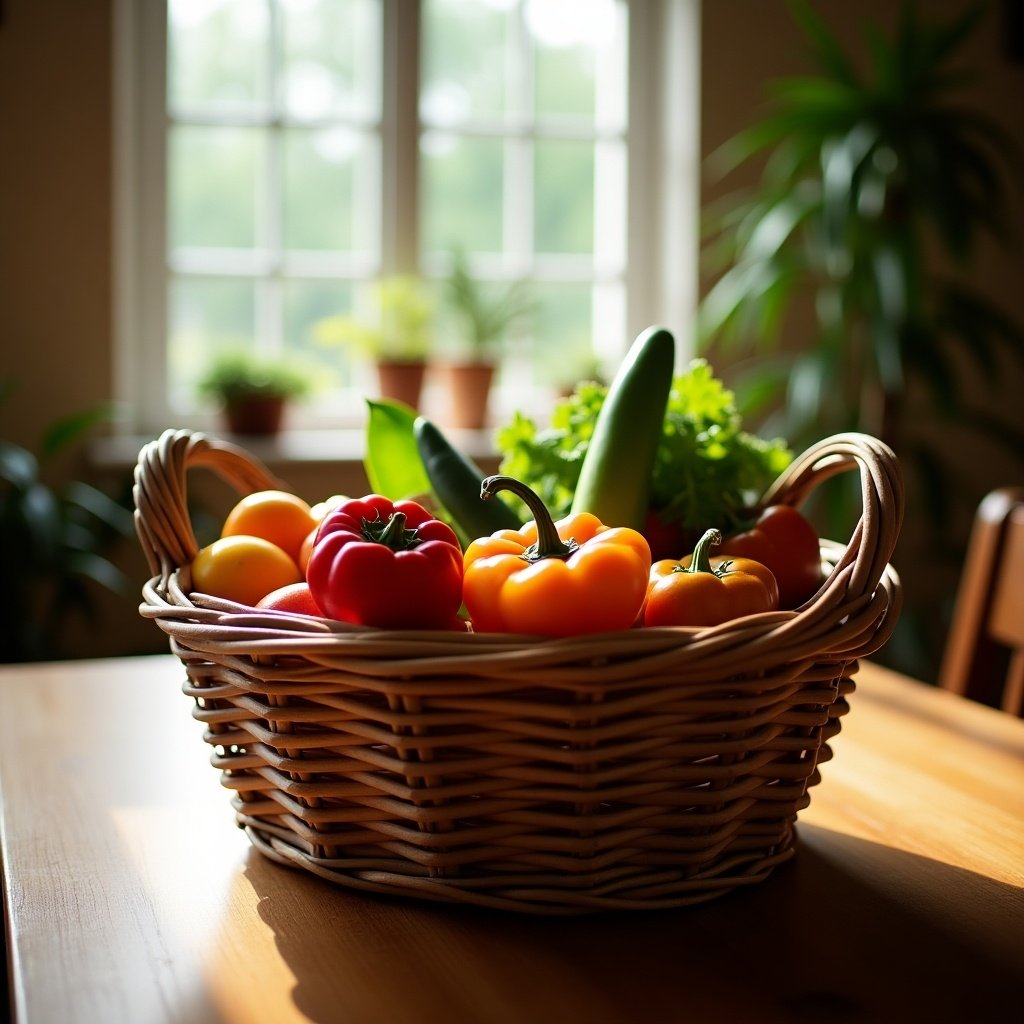 A wicker basket filled with colorful vegetables sits on a wooden table. The vegetables are vibrant and fresh, and the room is warmly lit. Plants are visible in the background.