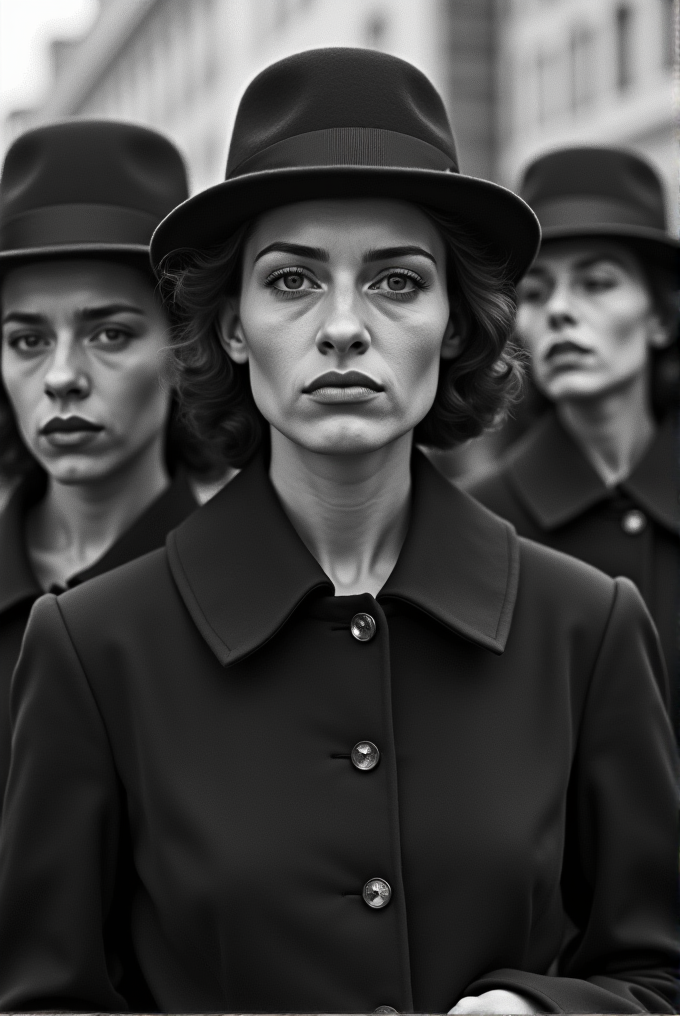 Three women in black coats and hats appear serious as they walk in formation.