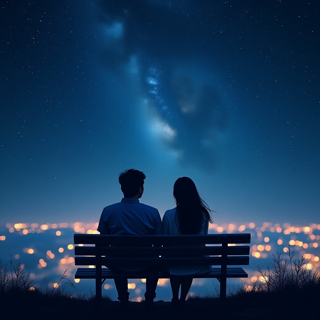 A romantic scene of a couple enjoying a starry night. They sit on a bench, gazing at the expansive night sky filled with stars and the Milky Way. Below, glowing city lights create a stunning contrast against the darkness. The couple's silhouettes are highlighted by the soft light. It's a peaceful moment, capturing the beauty of love and nature under the stars.