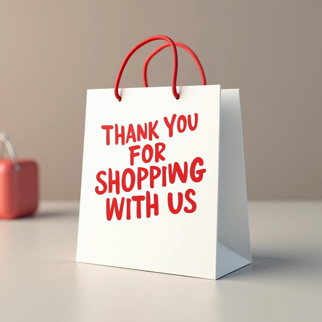 The image shows a white shopping bag with red handles and a humorous thank you message.