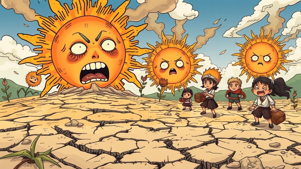 Children run from comically angry sun faces in a cracked, dry landscape.