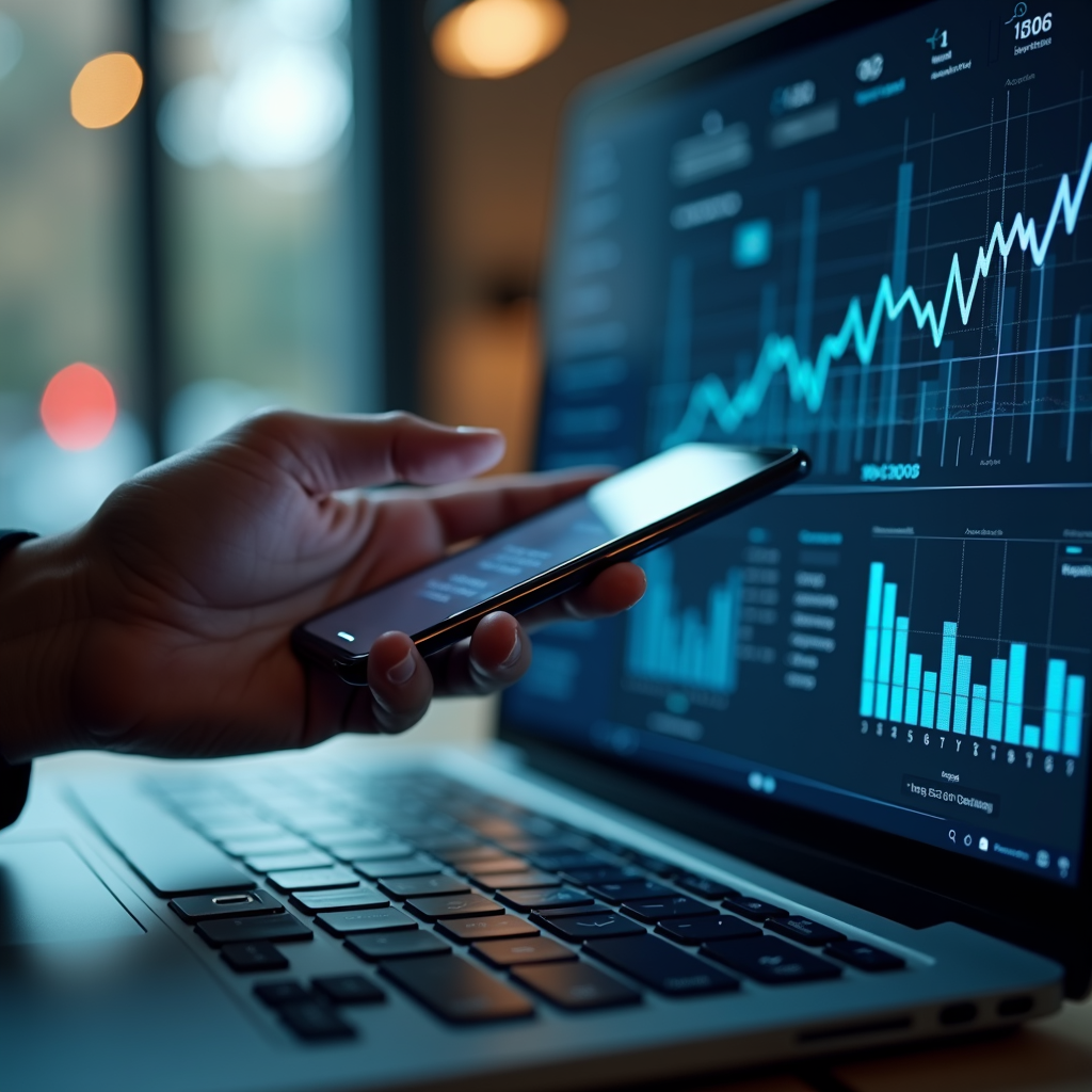 A hand holds a smartphone in front of a laptop displaying graphs and charts.