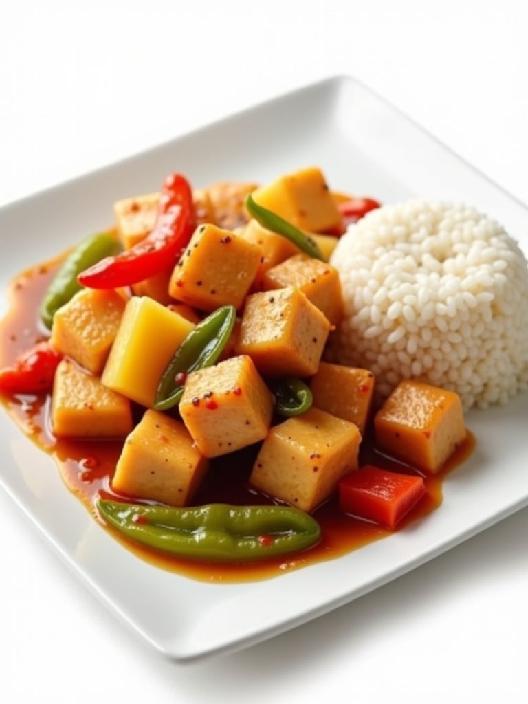 Delicious chicken cubes mixed with sweet and sour sauce. Colorful peppers and pineapple chunks arranged with rice. Served on a white plate against a white background. High level of detail and realism.