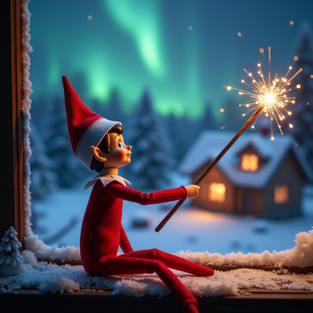 Elf on the shelf sits with its back to the viewer. Elf gazes skyward while holding a glowing wand. Colorful northern lights illuminate the night sky. A charming cozy house is visible in the distance. Snow covers the ground. Elf embodies magic and wonder of Christmas. Names appear in the air from the wand.