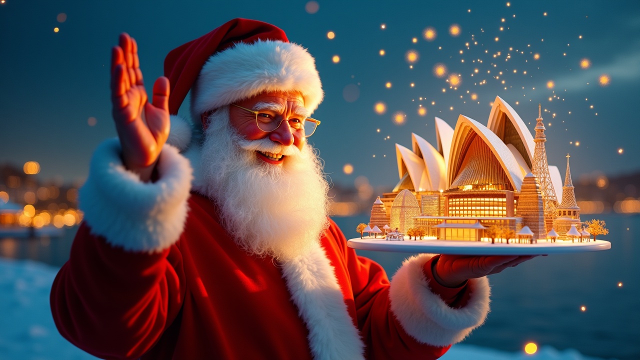 Aerial atmosphere shot showing Santa Claus holding a BIM model of the Sydney Opera House. Magical sparkles transforming into BIM models of city landmarks. Shot on Arriflex Alexa. Ultrarealistic style.