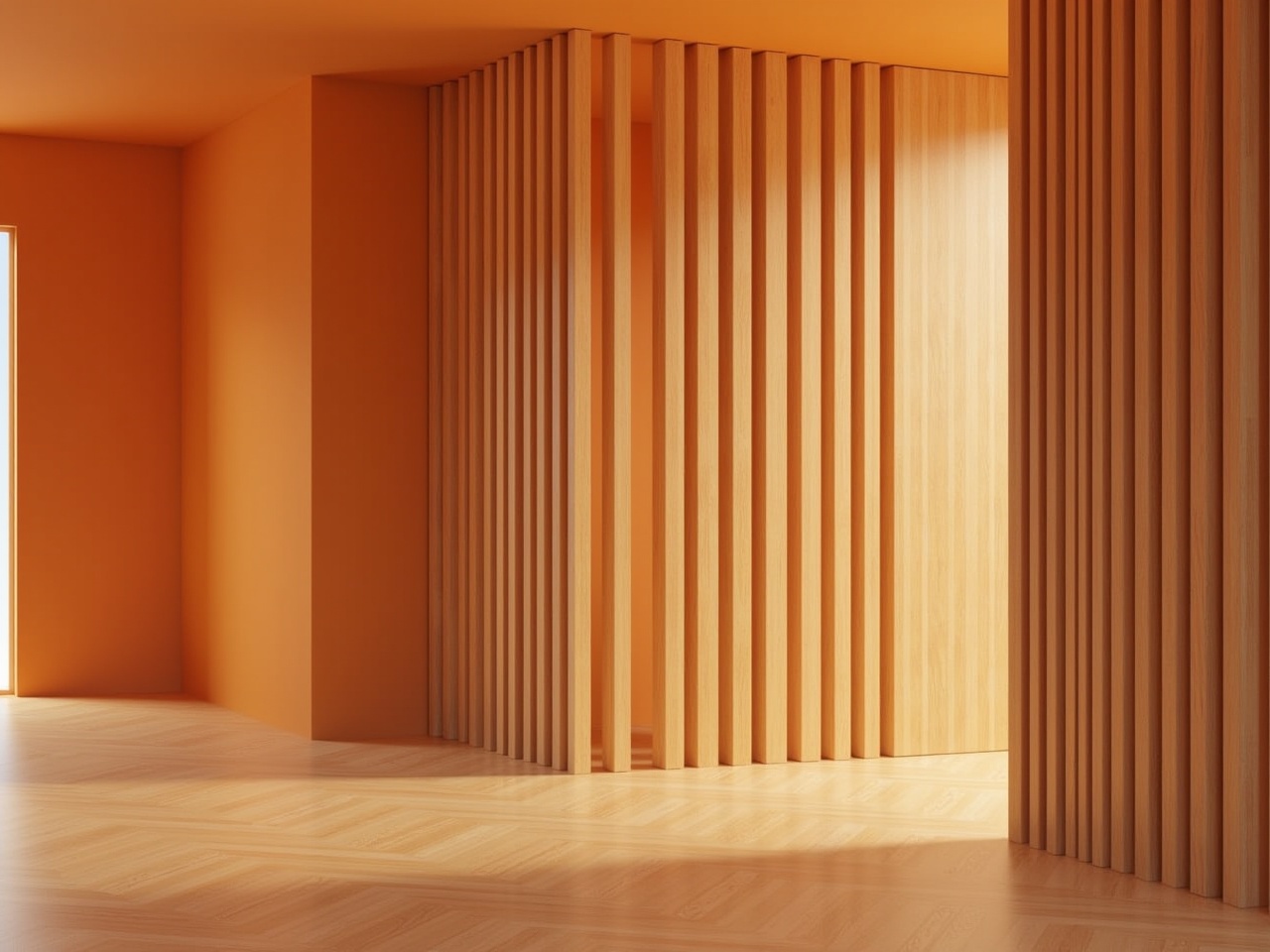 The image displays a modern interior space with warm wooden tones and clean lines. There are vertical wooden slats that create a sense of privacy while still allowing light to filter through. The walls are a soft orange hue that complements the wooden elements. The lighting is soft and even, enhancing the inviting atmosphere. The flooring features a herringbone pattern that adds texture to the space. Overall, the design is minimalistic yet warm, creating a serene environment.